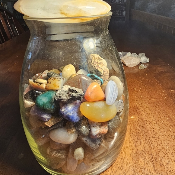 Vintage Clear Glass Jar marble lid with rock Confetti and gems - Picture 2 of 5